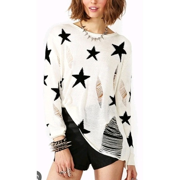 Grunge Rehab Distressed Star Sweater Womens Large Rocker Biker Metal Moto Gothic - Picture 1 of 16